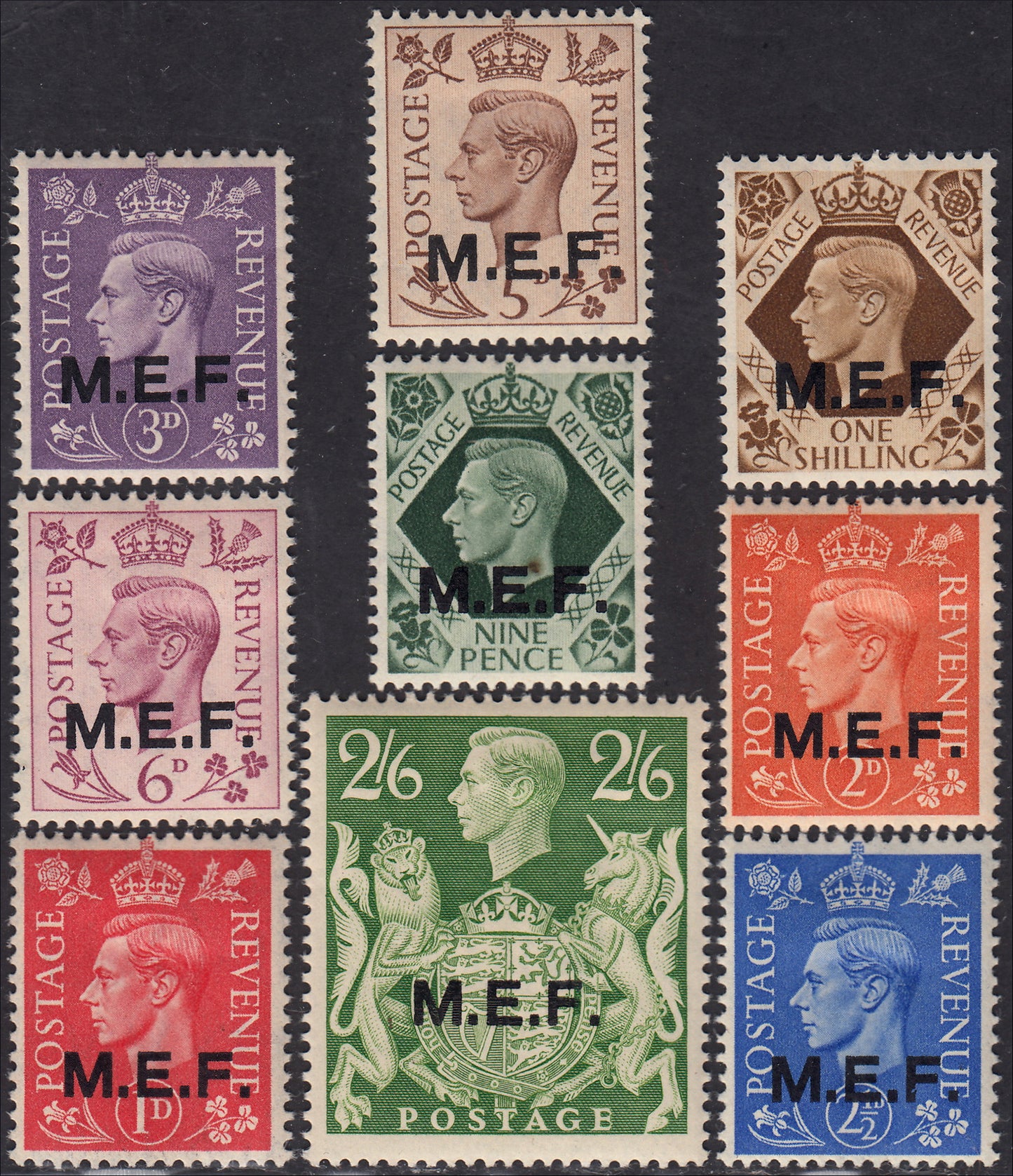 ZZ954/5 1942/47 - British occupation, stamps and tax postmarks of Great Britain overprinted MEF, small lot of 14 new stamps with original gum (6/14, Tax 1/5)