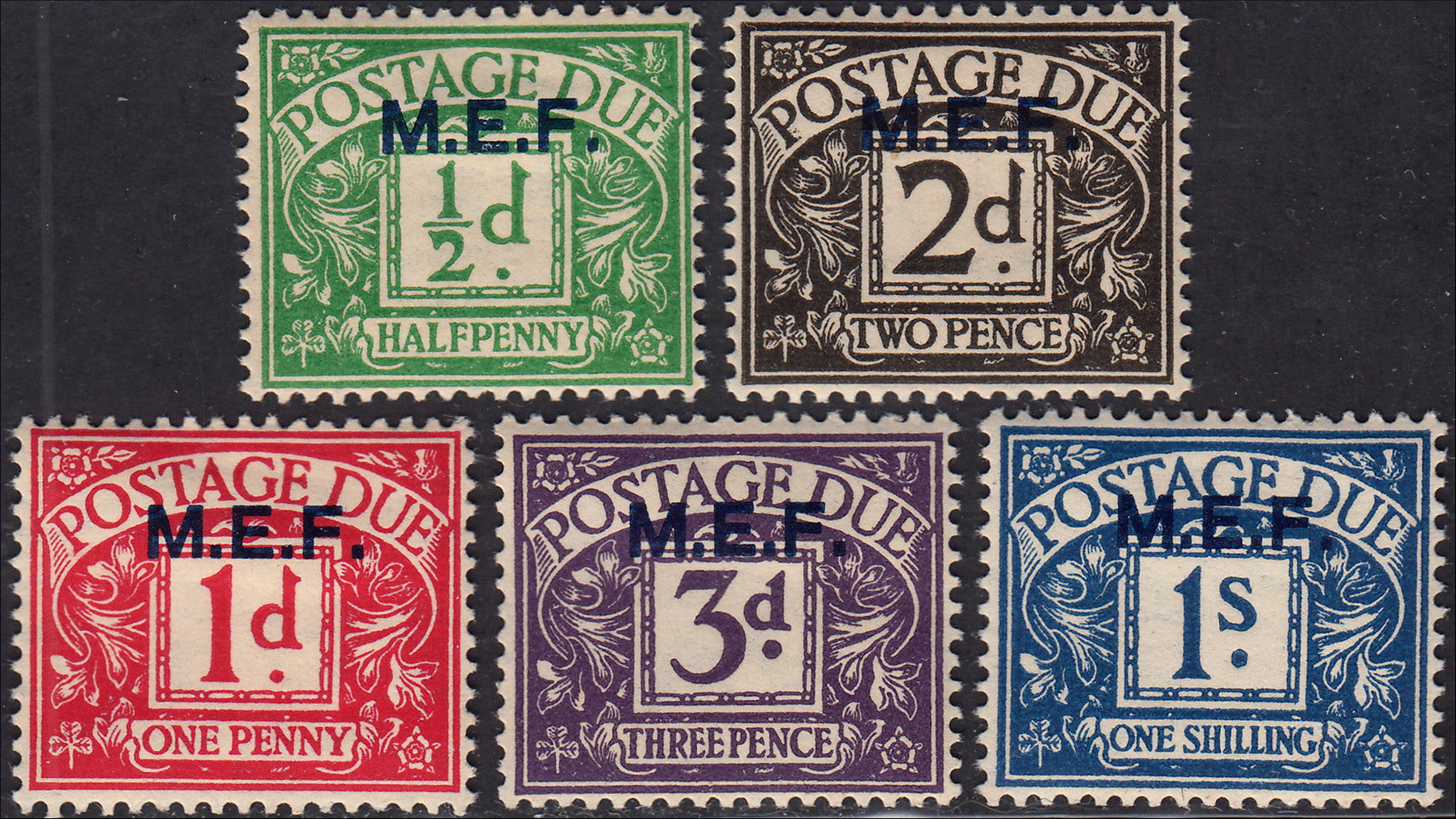 ZZ954/5 1942/47 - Occupazione britannica, francobolli e segnatasse di Gran Bretagna soprastampati MEF, lotticino di 14 valori nuovi con gomma originale (6/14, Tax 1/5)