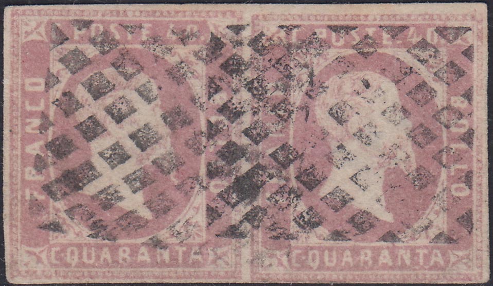 Sard516 - 1851 - I emissione c. 40 rosa lilla coppia orizzontale usata (3d)