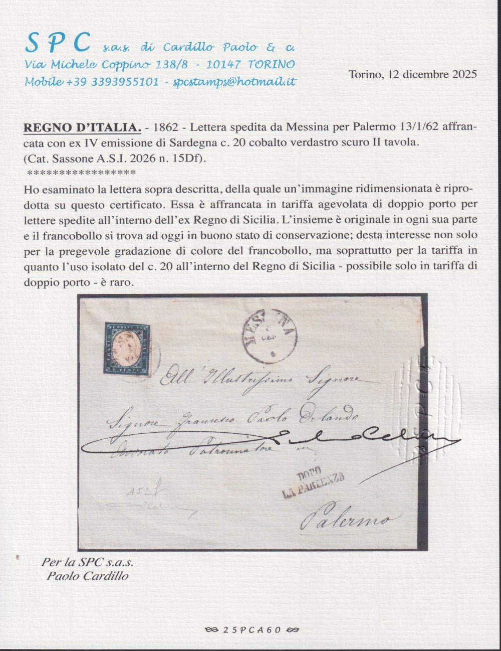 ES_Cobalto -1862 - Lettera spedita da Messina per Palermo 13/1/62 affrancata con c. 20 cobalto verdastro scuro II tavola (15Df)