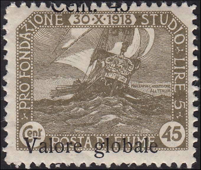 Fiume_220 - 1919 - Valore Globale II serie, 45c.oliva soprastampa fortemente spostata in basso nuovo gomma integra (104fc)