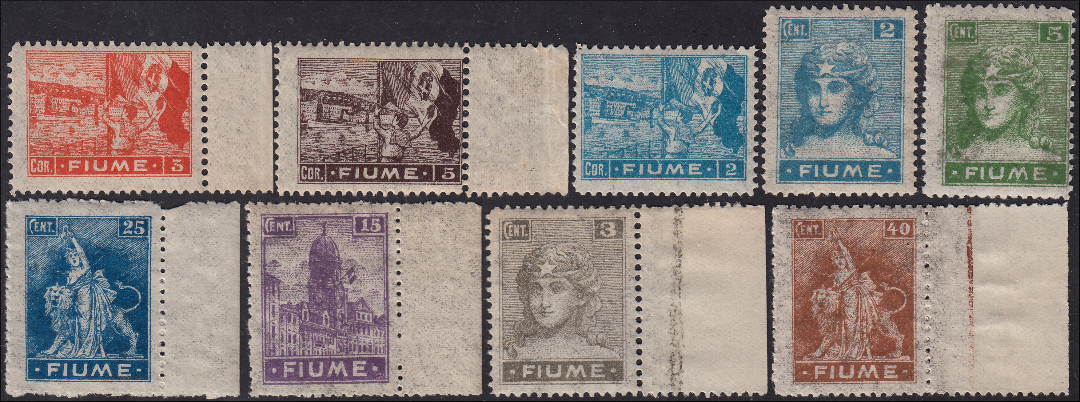 Fiume719 - 1919 - Allegory, Fiume Postage Label, complete set of eight mint values with original gum (49/56)