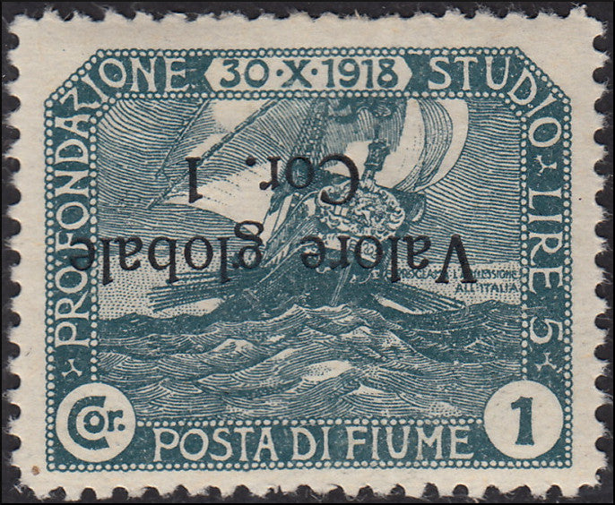 Fiume_227 - 1919 - Valore Globale II serie, 1K. ardesia soprastampa capovolta nuovo gomma originale (107c)