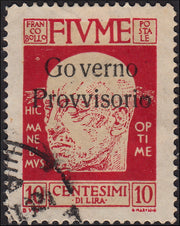 Fiume246 - 1921 - D'Annunzio, senza il trattino in basso sopr. GOVERNO PROVVISORIO c.10 carminio vivo usato (176)