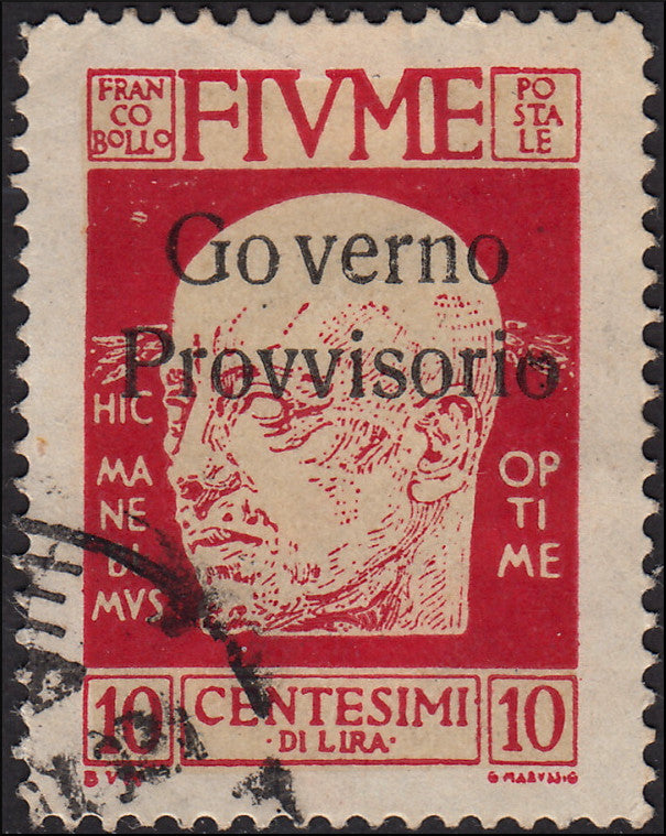 Fiume246 - 1921 - D'Annunzio, senza il trattino in basso sopr. GOVERNO PROVVISORIO c.10 carminio vivo usato (176)