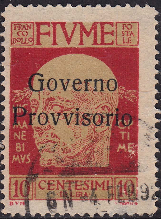 Fiume250 - 1921 - D'Annunzio, tiratura di Milano sopr. GOVERNO PROVVISORIO C.10 carminio usato (178)