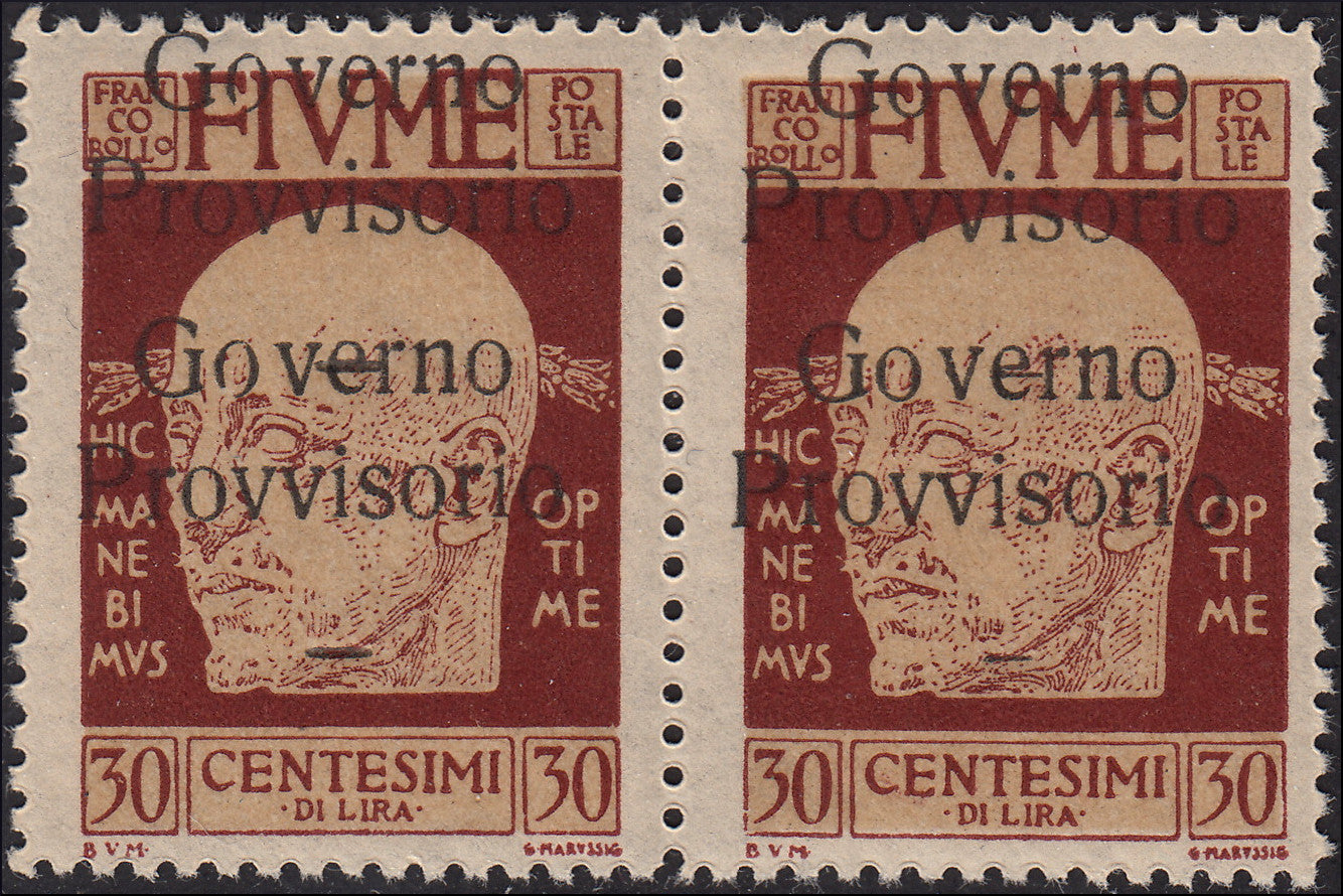 Fiume259 - 1921 - D'Annunzio, soprastampato GOVERNO PROVVISORIO capovolta c. 30 bruno rosso coppia orizzontale nuova gomma integra (154b)