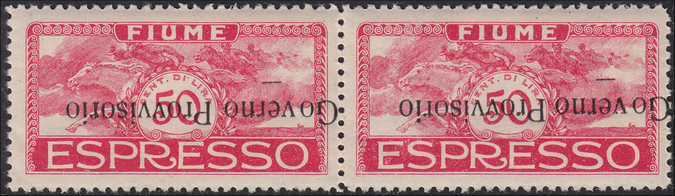 Fiume_278 - 1920 - Effigie di D'Annunzio, Espresso c. 50 rosa coppia orizzontale con soprastampa GOVERNO PROVVISORIO capovolta nuova integra (E6a)