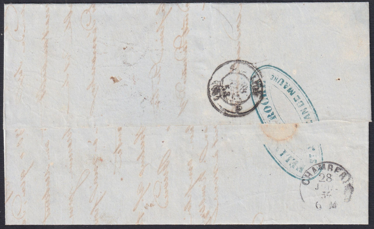 SardSP344 - 1856 - Lettera spedita da St. jean de Maurice per Lione 27/7/56 affrancata con III emissione c. 5 verde scuro x 2 + IV emissione c. 40 vermiglio rosa (7d + 16c).