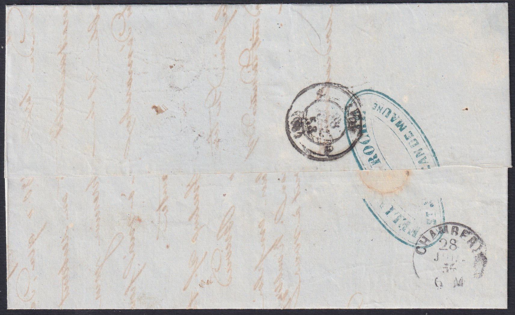 SardSP344 - 1856 - Lettera spedita da St. jean de Maurice per Lione 27/7/56 affrancata con III emissione c. 5 verde scuro x 2 + IV emissione c. 40 vermiglio rosa (7d + 16c).