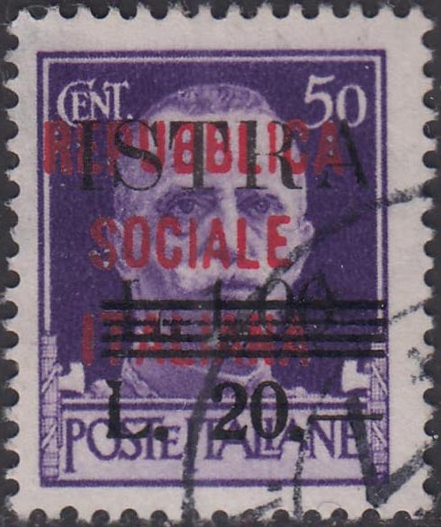 Francobollo di RSI n. 493/I c. 50 violetto sopr. carminio lillaceo tiratura di Firenze con soprastampa ISTRA L.10 e sbarrette + L.20 usato (40A)