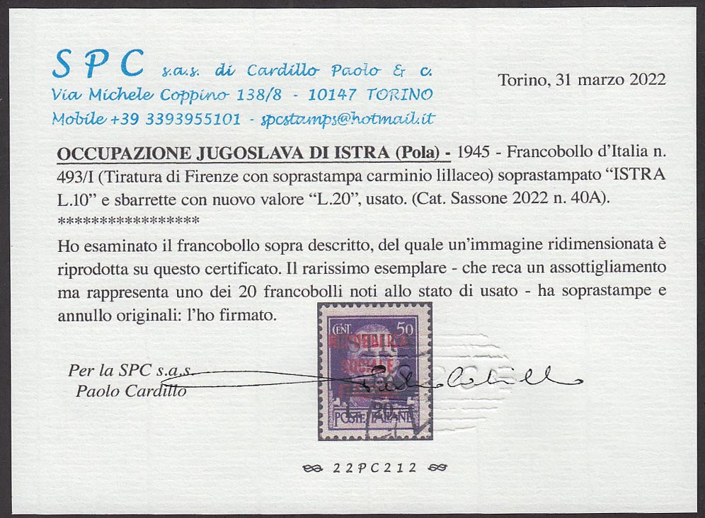 Francobollo di RSI n. 493/I c. 50 violetto sopr. carminio lillaceo tiratura di Firenze con soprastampa ISTRA L.10 e sbarrette + L.20 usato (40A)