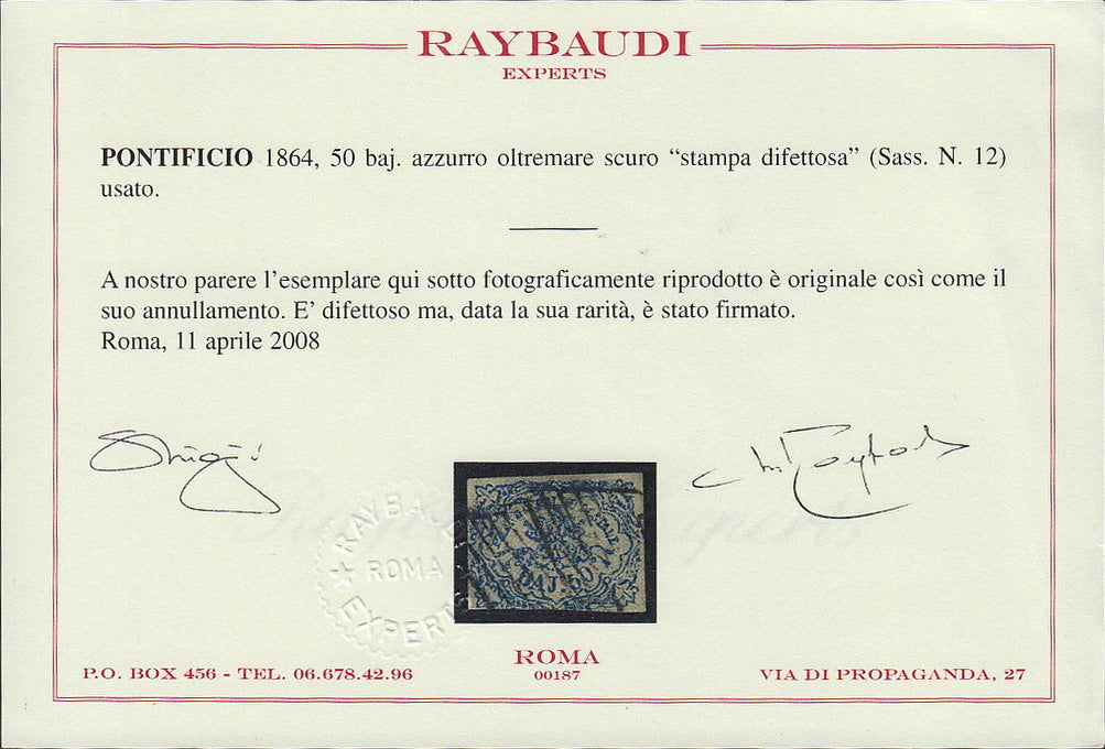 1864 - I emissione 50 baj stampa difettosa usato con annullo originale, un punto chiaro (12).Certificato Raybaudi.