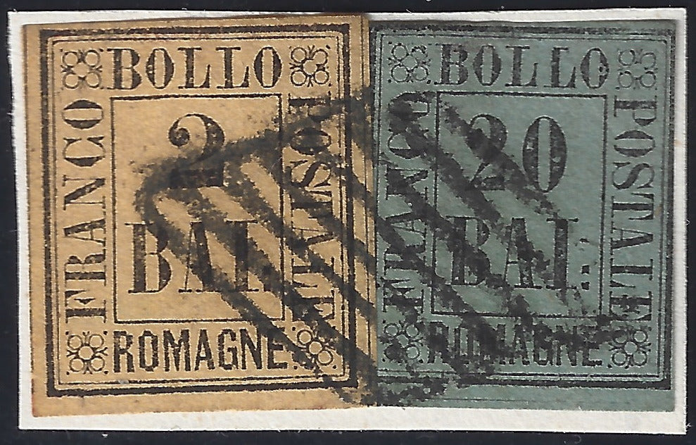 1859 - b. 2 giallo arancio + 20 baj grigio azzurro usati con griglia e ricongiunti su frammento. Raro insieme (3 + 9).