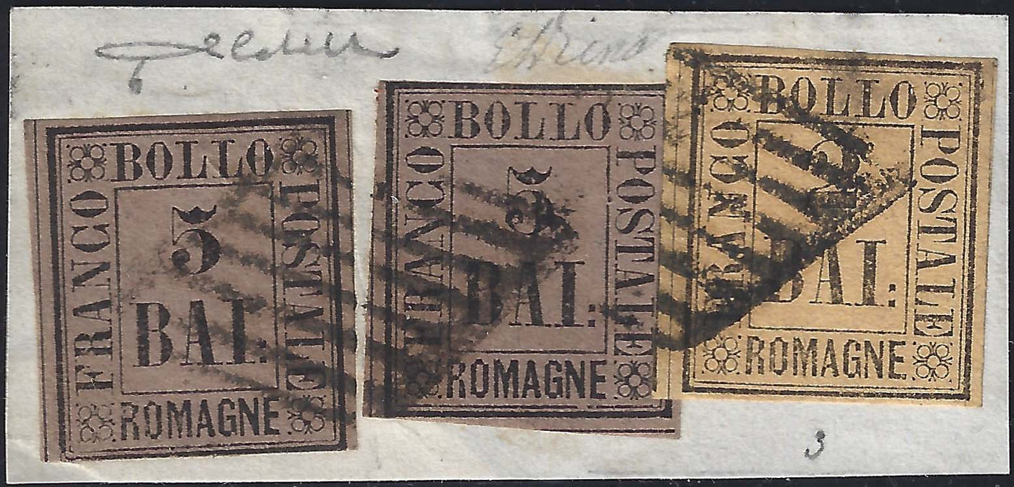 1859 - B. 2 giallo arancio + b. 5 violetto due esemplari usati con griglie su frammento. Raro insieme. (3 + 6 + 6). Certificato Cardillo