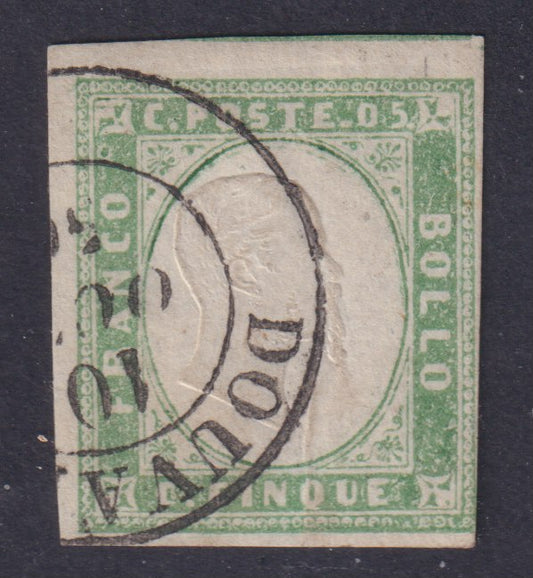 F1_138 - 1855 - Sardinia IV issue c. 5 used pea green with DOUVAIN imprint (13c)