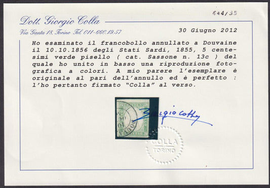 F1_138 - 1855 - Sardinia IV issue c. 5 used pea green with DOUVAIN imprint (13c)