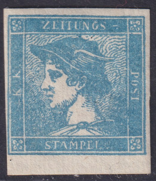 13_1 1851 - Newspapers, head of Mercury (c.3) light blue gray I type vertical ribbed paper new with gum (6).