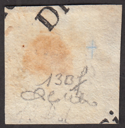 1857 - Sardegna IV emissione c. 5 verde oliva scuro III composizione tiratura 1859/60 usato (13Bf)