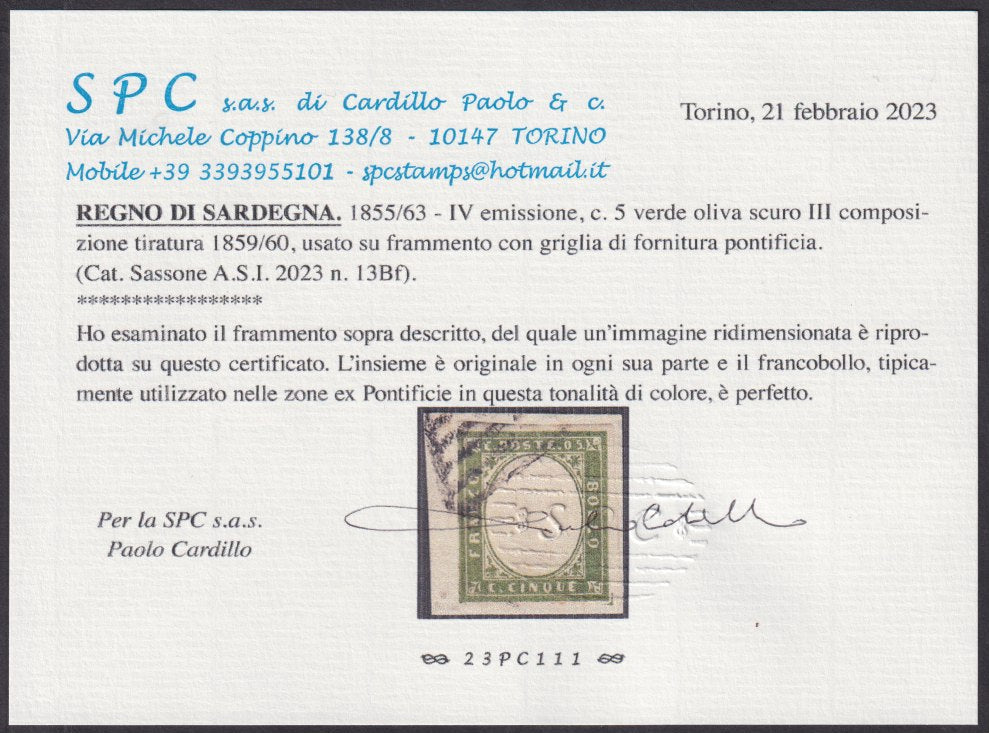 1857 - Sardegna IV emissione c. 5 verde oliva scuro III composizione tiratura 1859/60 usato (13Bf)