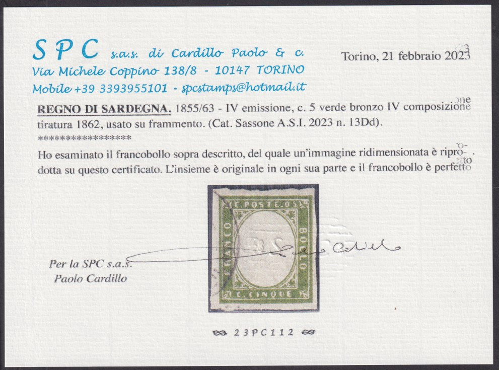 1862 - Sardegna IV emissione c. 5 verde bronzo IV composizione tiratura 1862 usato (13Dd)