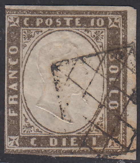 1859 - Sardinia IV issue c.10 greyish brown (sepia gr.) I plate used with the Bagnone grill (14Ae, points R2)