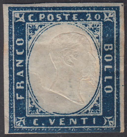 1859 - Sardegna IV emissione c.20 azzurro scuro I tavola nuovo con gomma (15B)