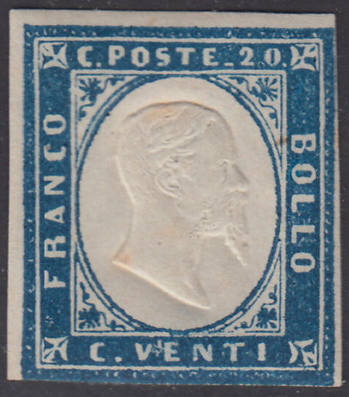 1860 - Sardinia IV issue c.20 light blue I plate new with rubber (15Ca)