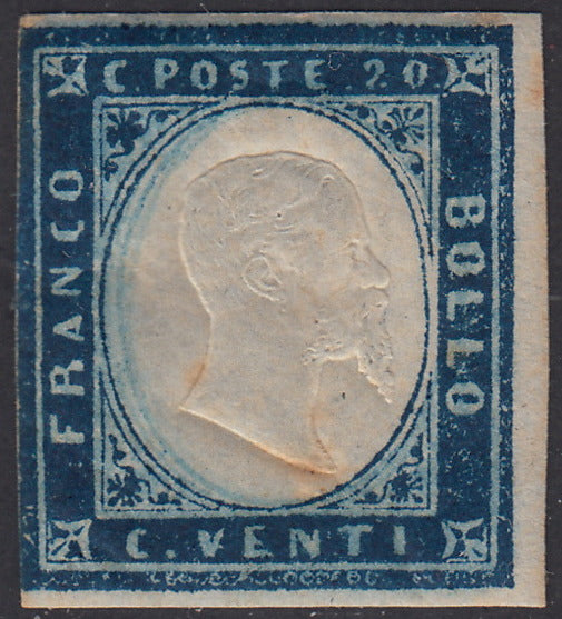 1859 - Sardinia IV issue c.20 overseas cobalt I plate new with gum (15Ba)