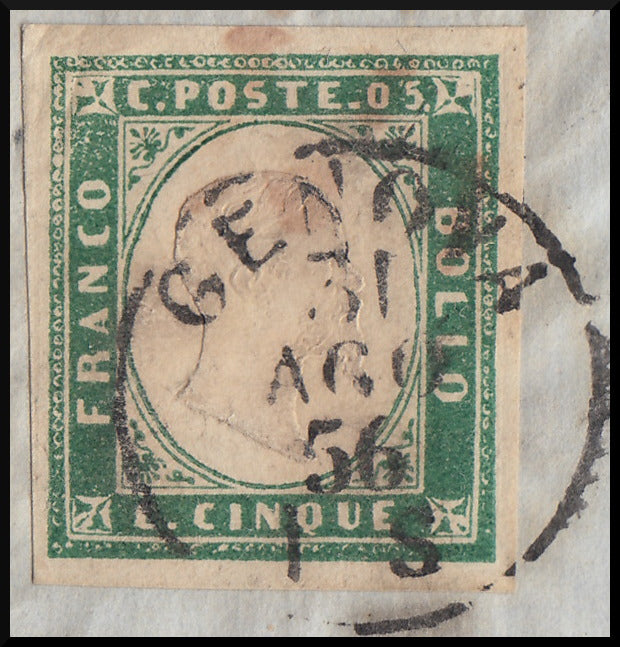 1856 - IV emissione, c.5 verde smeraldo isolato su lettera da Genova per città (13d)