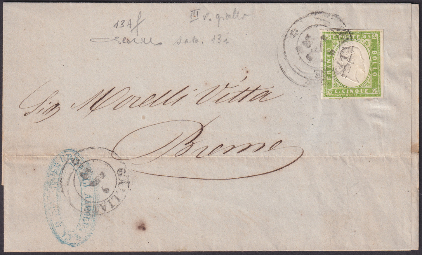 1857 - IV emissione, c.5 verde giallo chiaro isolato su lettera da Galliate per Breme 9/6/58 (13Af)