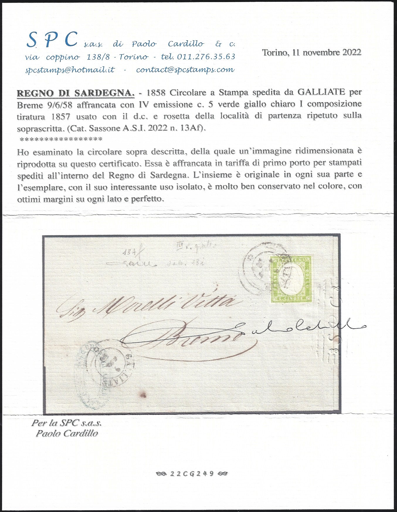 1857 - IV emissione, c.5 verde giallo chiaro isolato su lettera da Galliate per Breme 9/6/58 (13Af)
