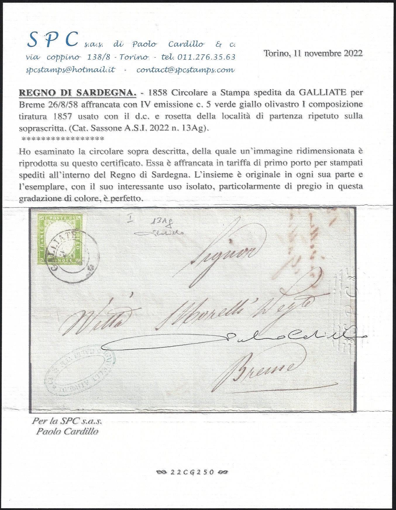 1858 - IV emissione, c.5 verde giallo olivastro isolato su lettera da Galliate per Breme 26/8/58 (13Ag
