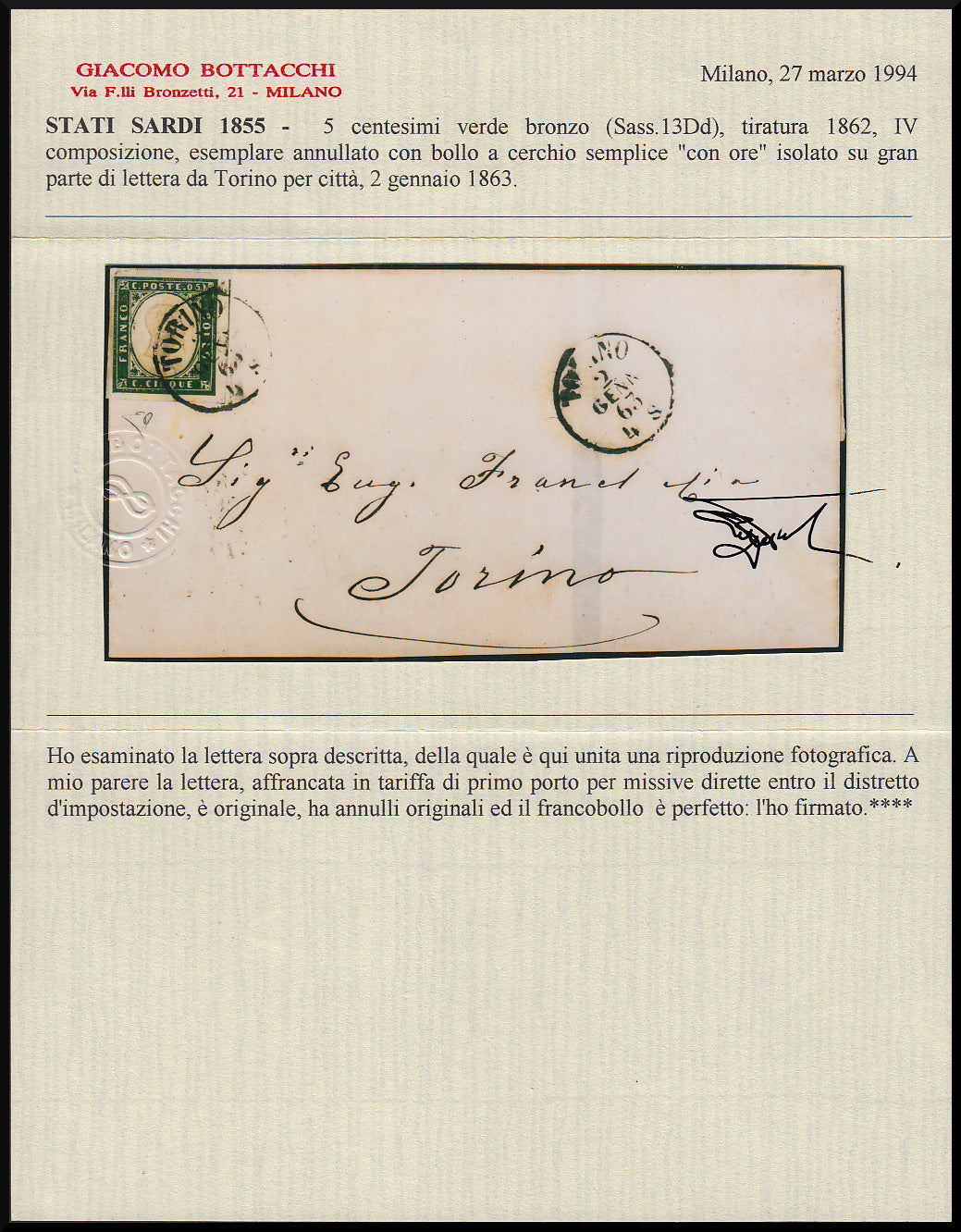 1862 - IV emissione, c.5 verde bronzo isolato su lettera da Torino per città (13Dd)
