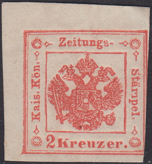 1858 - Segnatasse per giornali 2 kr, rosso carminio nuovo con piena gomma (3b). Carente a destra in basso.