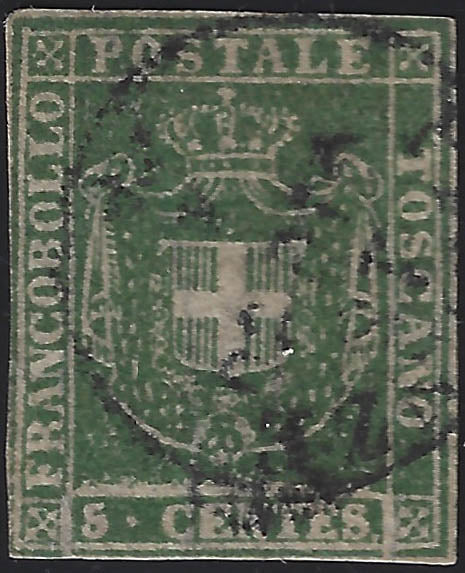 Toscana Governo Provvisorio, c. 5 verde giallastro su carta bianca e filigrana linee ondulate usato (18c)