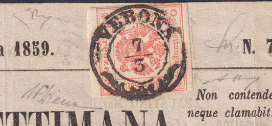 1858 - Postage due for newspapers, 4 kr. Dull red (4) on the front page of the periodical "La Buona Settimana". Rare. Signatures Emilio, Alberto and Enzo Diena, Alberto Bolaffi. Enzo Diena certificate, Bolaffi Financial certificate.