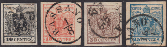 1854 - 1st issue, typewriter paper, complete series of the four values ​​issued in the basic colours, used (19/22)
