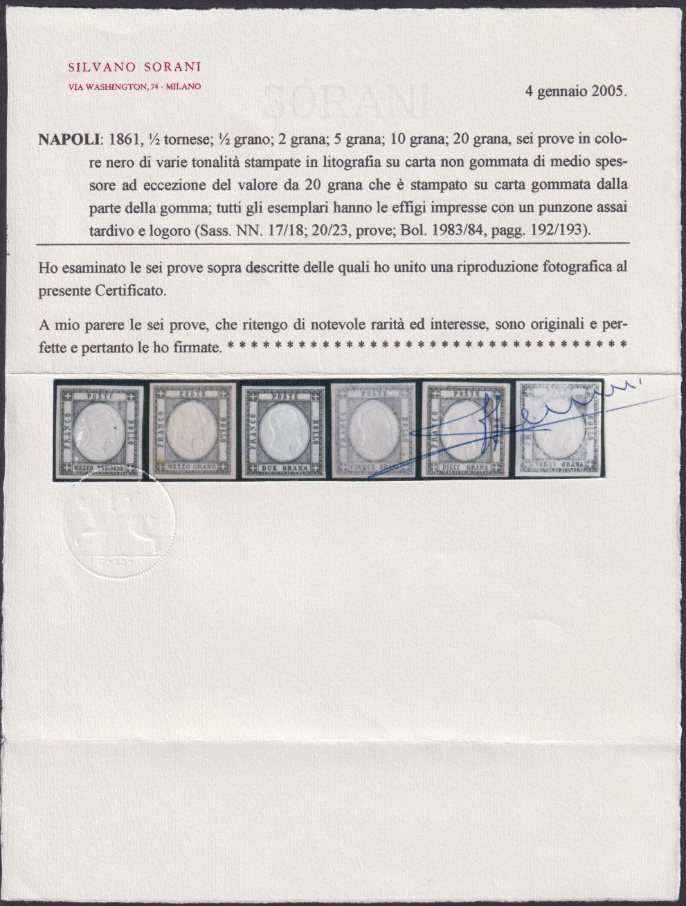 1861 - Prove di colore in varie tonalità di grigio di sei valori facciali (escluso 1 grana e 50 grana) nuovi non gommati e con il 20 grana gommato dalla parte del recto (17/18, 20/23). Certificato Sorani.