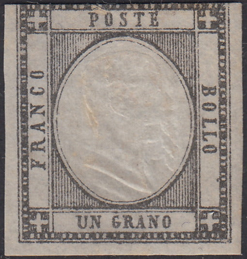 1861 - 1 grano nero, esemplare con tripla effigie nuovo con gomma originale (19dc). Certificato Cardillo.