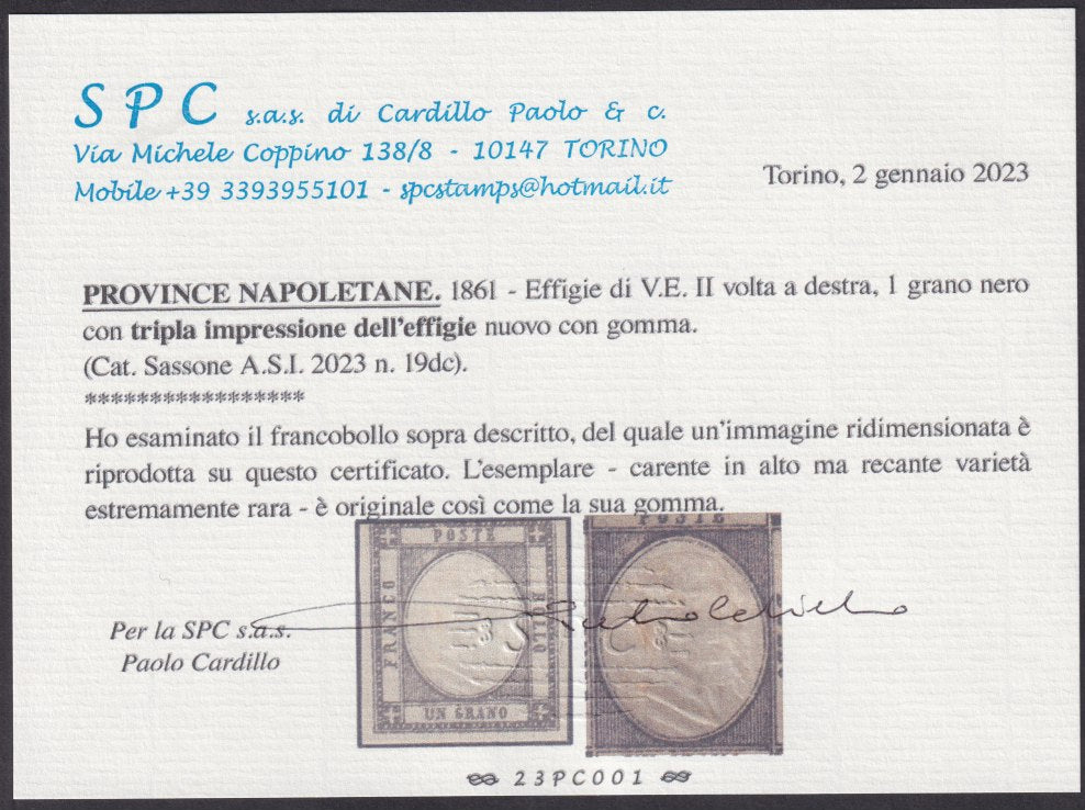 1861 - 1 grano nero, esemplare con tripla effigie nuovo con gomma originale (19dc). Certificato Cardillo.