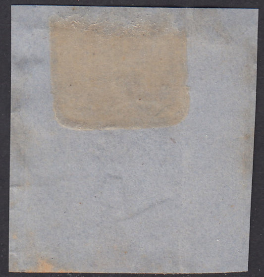 1861- 5 grana lilla scuro usato su frammento con annullo "Partenza da Napoli", un margine sfiorato (21d).