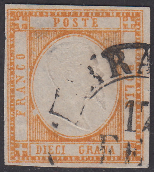 1861 - 10 grana arancio usato, lievi difetti (22). Conveniente.