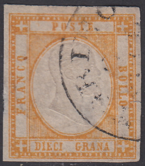 1861 - 10 grana arancio usato, lievi difetti (22). Conveniente.