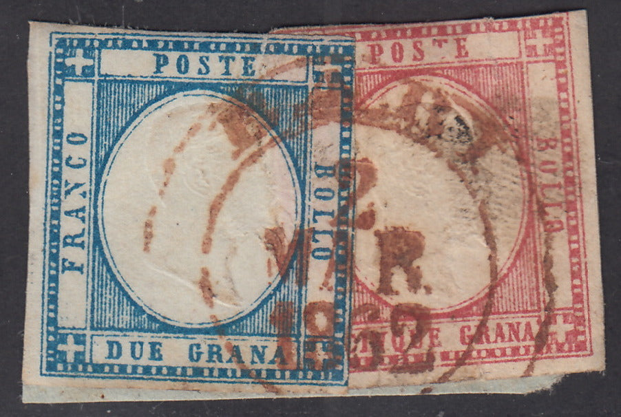 1861 - gr. 2 azzurro + gr. 5 rosa lilla usati su frammento con annullo borbonico di BARI Impresso in rosso (20b+21c, p.ti R1). Certificato Cardillo.