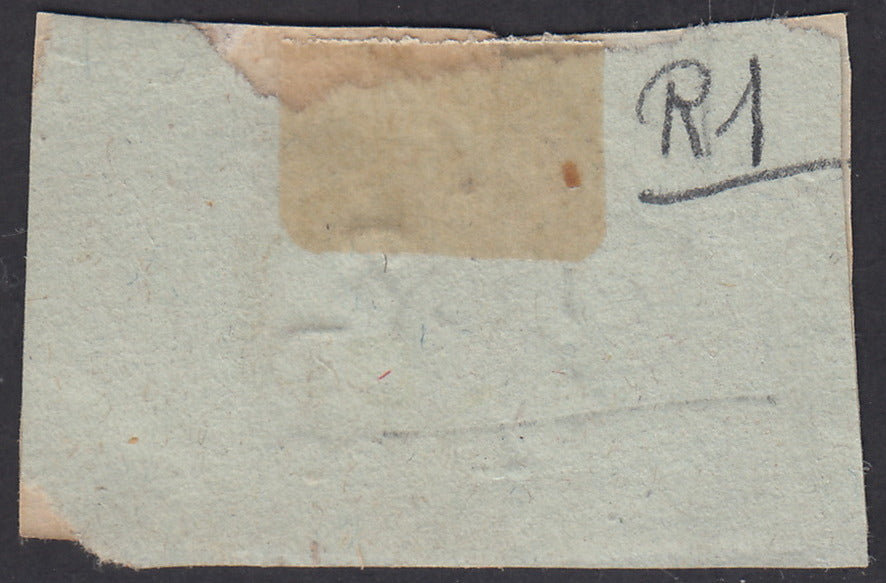 1861 - gr. 2 light blue + gr. 5 lilac rose used on fragment with Bourbon cancellation from BARI Imprinted in red (20b+21c, points R1). Cardillo certificate.