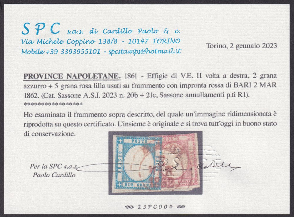 1861 - gr. 2 azzurro + gr. 5 rosa lilla usati su frammento con annullo borbonico di BARI Impresso in rosso (20b+21c, p.ti R1). Certificato Cardillo.