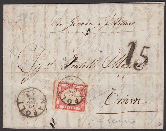 1861 - 5 grana carminio isolato su lettera spedita da Napoli per Trieste 30/12/61, franca confine e tassata in ragione di 15 soldi (21). Firma Enzo Diena.