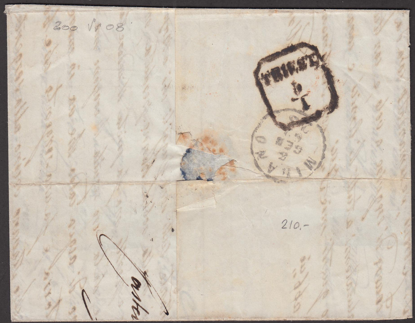 1861 - 5 grana carminio isolato su lettera spedita da Napoli per Trieste 30/12/61, franca confine e tassata in ragione di 15 soldi (21). Firma Enzo Diena.