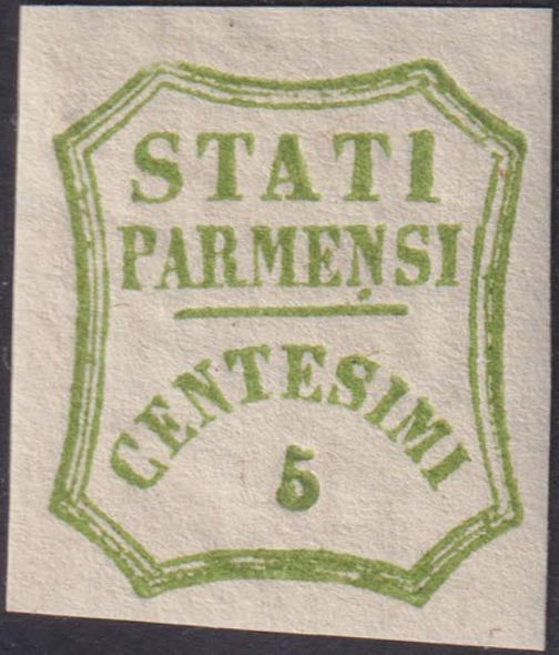 1859 - STATI PARMENSI e valore in un ottagono a linee curve, c.5 verde giallo nuovo con gomma integra (13).